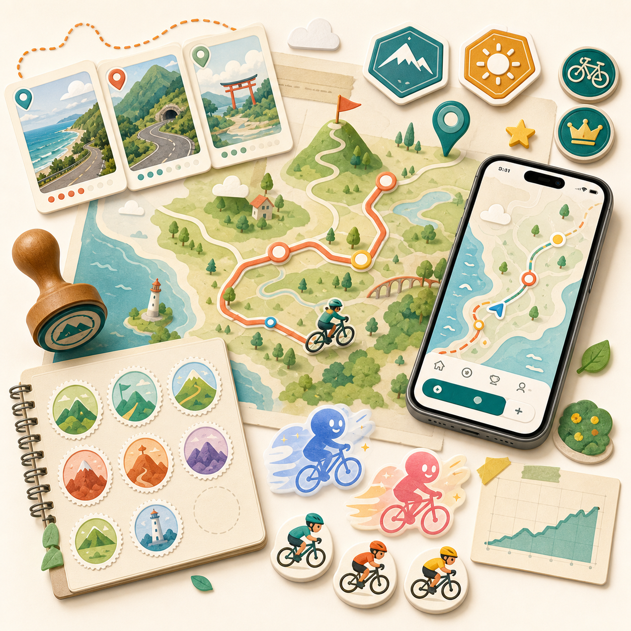 PEDAL QUESTの冒険マップとスタンプのビジュアル