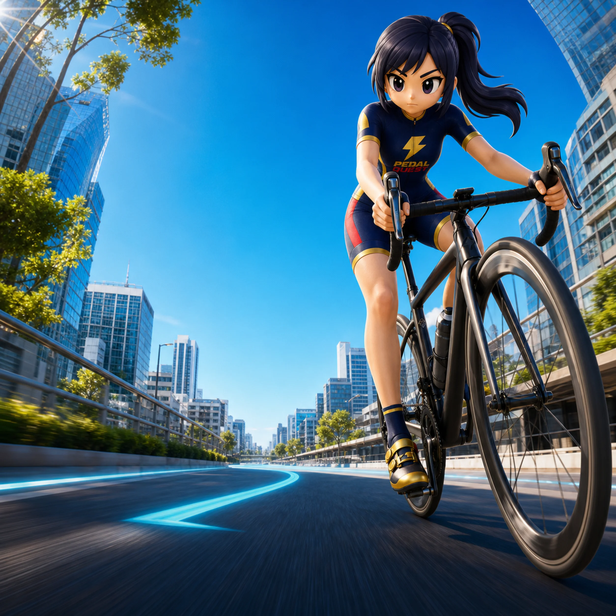 青空の都市コースを駆けるPEDAL QUESTライダーと光るGPSルート