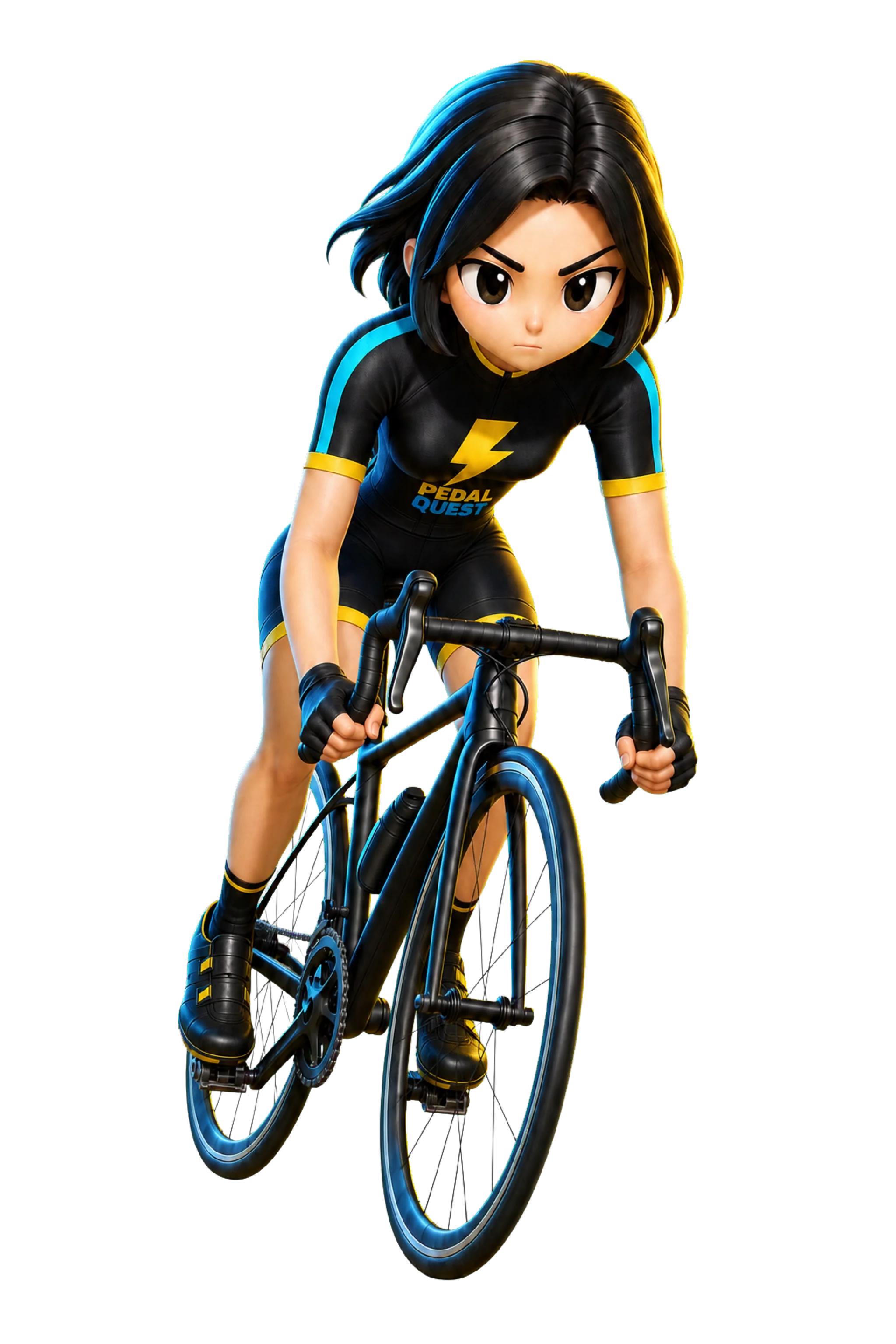 左右のシューズをそれぞれのペダルに乗せ、ドロップハンドルを握って走るPEDAL QUESTのライダーキャラクター